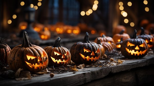 Spooky and fun collection of dozens of halloween carved pumpkins outside on hallows eve