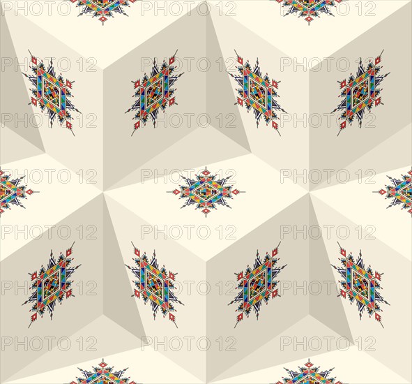 Decorative geometric repeating pattern inspired by Al-Qatt Al-Asiri traditional paintings