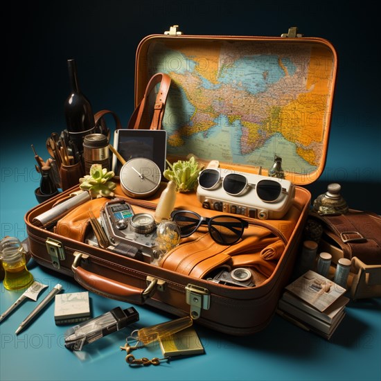 Travel preparation Packed old leather suitcase with photo