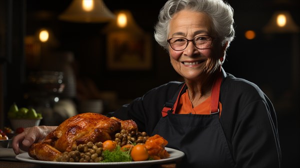 Happy elderly woman wearing her apron fixing her thanksgiving turkey and all the fixings in the kitchen