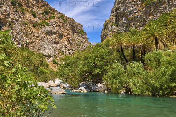 View of Kourtaliotis river and canyon near Preveli beach at Libyan sea