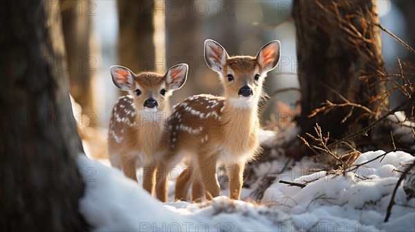 Two adorable fawn deer in the wintery wilderness. generative AI