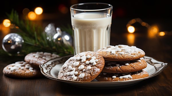 Gingersnap cookies and milk on a small plate waiting for santa clause amist the decorations on christmas eve. generative AI