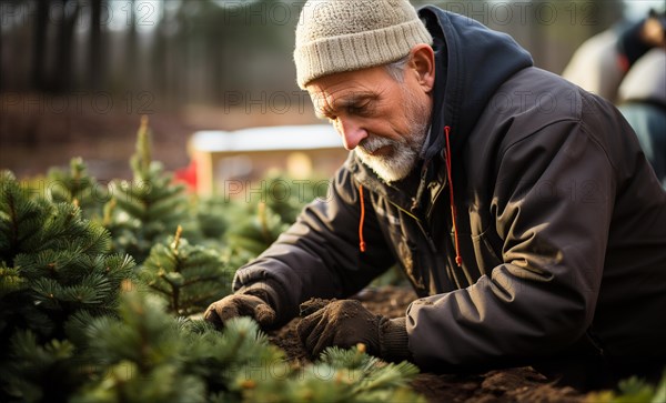 Middle-aged man working at the christmas tree farm during the holiday season. generative AI