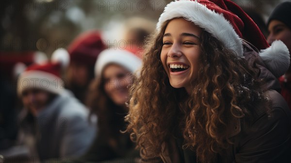 Festive young girl laughing with friends outside in the snow. generative AI