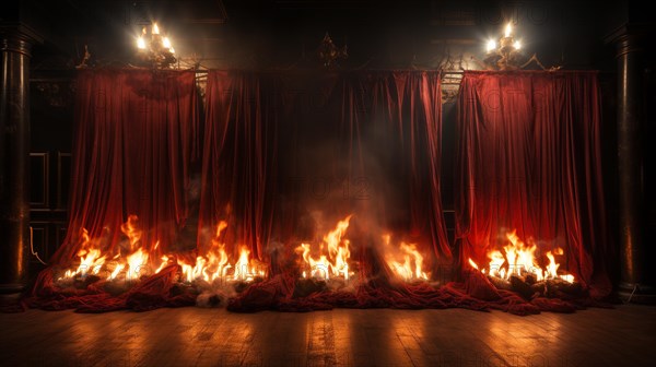 Theatre stage with red velvet curtains on fire. generative AI