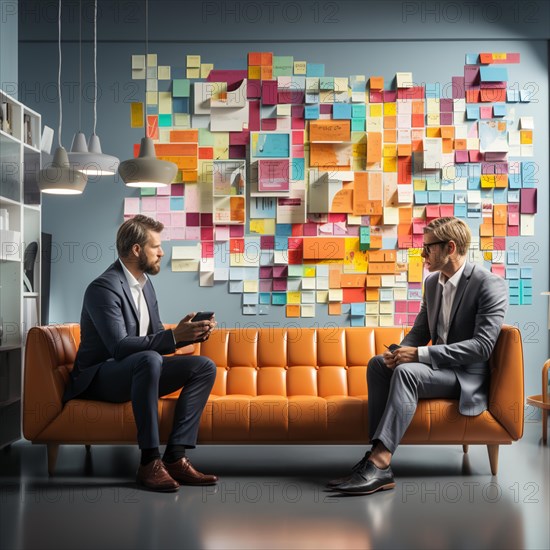 Managers working on problems in an office with post-it stickers