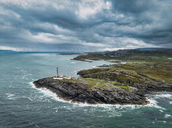 Aerial view of Ardnamurchan Point with the 35 metre high lighthouse