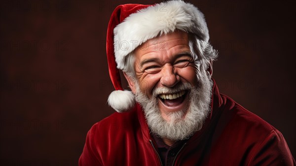 Jovial laughing santa clause dressed man wearing a santa hat and red jackete. generative AI