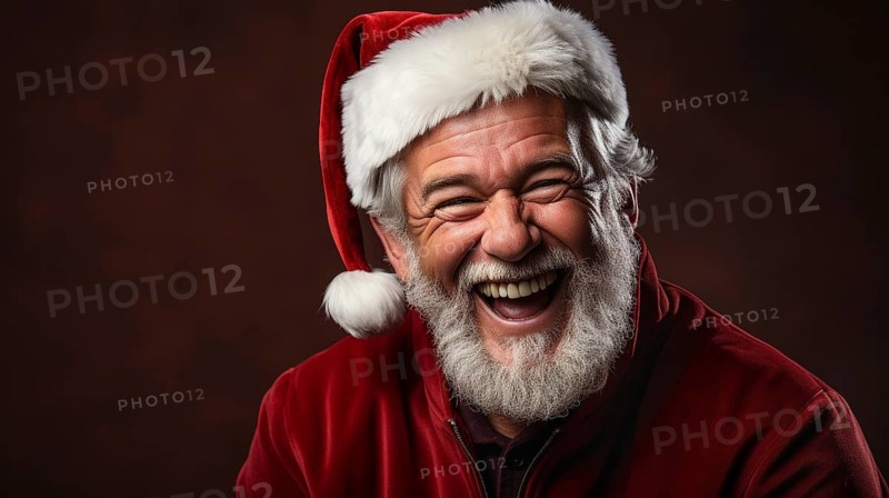 Jovial laughing santa clause dressed man wearing a santa hat and red ...