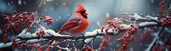 Christmas red cardinal bird on the branch on a wintery snowy day banner. generative AI