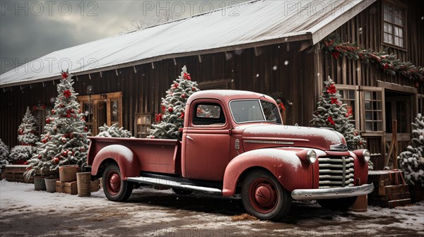 Vintage pick-up truck carrying A christmas tree parked outside festively decorated barn shop. generative AI