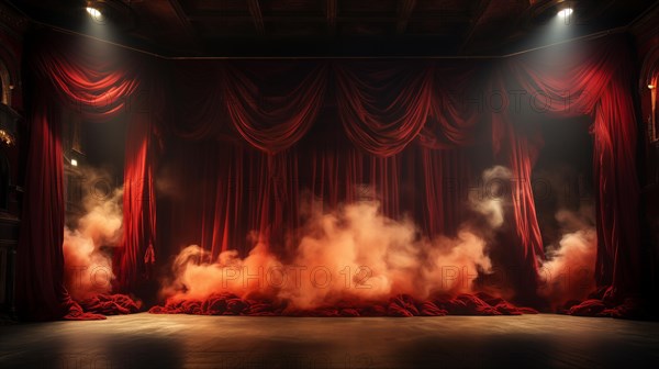 Theatre stage with red velvet curtains on fire. generative AI