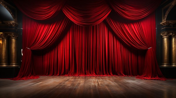 Dramatically lit lustrous red velvet theatre curtains and wooden stage floor. generative AI