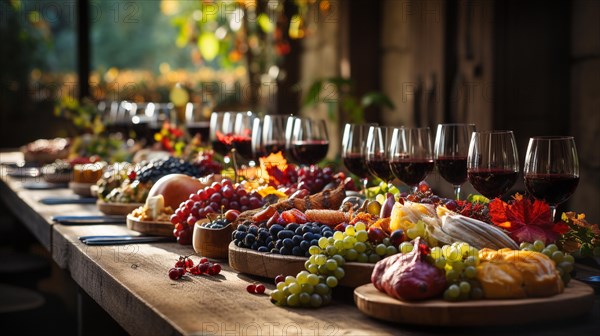 Long wooden table covered with plates of grapes