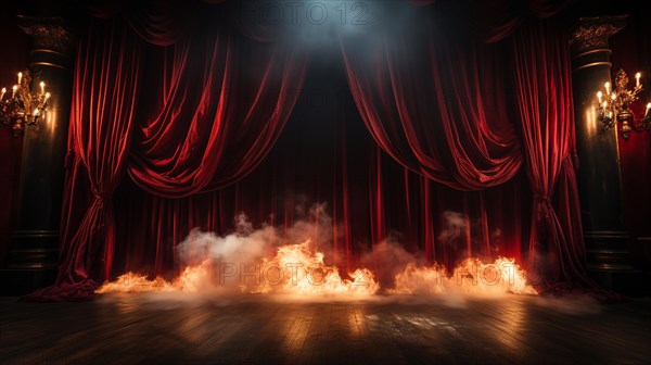 Theatre stage with red velvet curtains on fire. generative AI