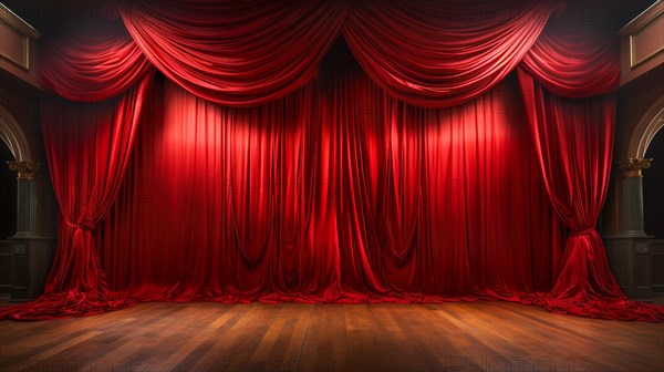 Dramatically lit lustrous red velvet theatre curtains and wooden stage floor. generative AI