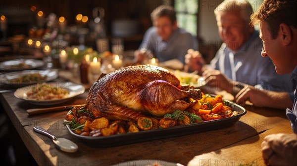 The delicious thanksgiving turkey and all the fixings at the table of family and friends