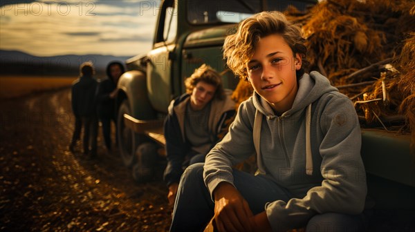 Young boys enjoying a fall gathering on the country farm with friends