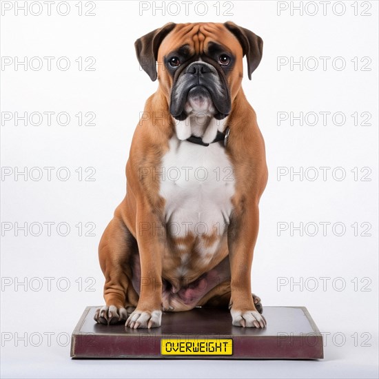 Fat Boxer sitting on a scale with a display showing OVERWEIGHT on it. AI generated