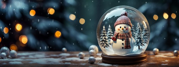 Christmas snow globe with snowman on a wood surface banner. generative AI
