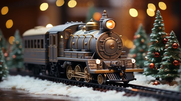 Miniature locamotive train set in A snowy christmas holiday setting. generative AI