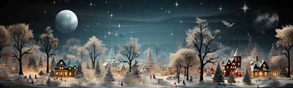 Miniature holiday christmas decorated town and snowy village scene banner. generative AI