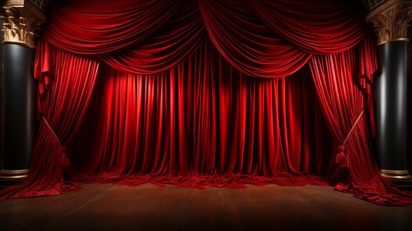 Dramatically lit lustrous red velvet theatre curtains and wooden stage floor. generative AI