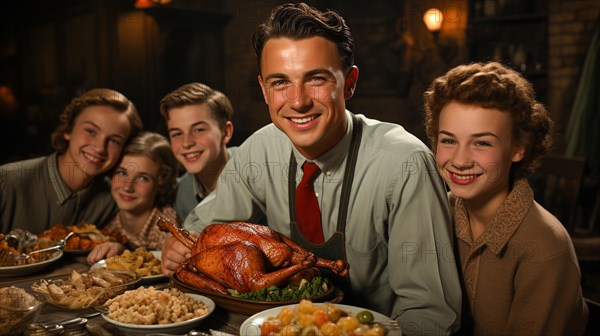 Vintage thanksgiving family portriat at the seasonal dinner table