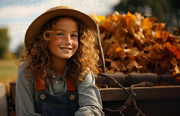 Cute little country farmer girl sitting amongst the fall foliage on the tractor