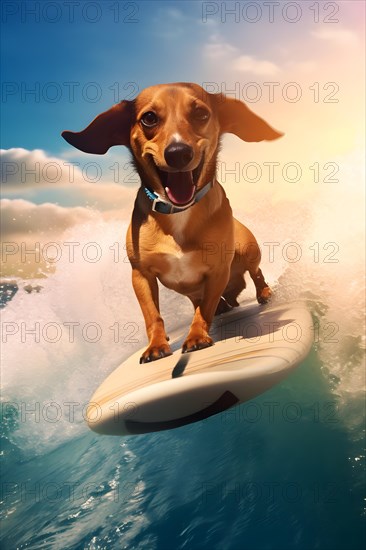 Excited Dachshund riding a wave on a surfbard on a sunny day with blue sky. AI generated