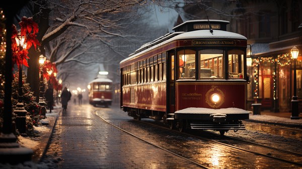 Festive christmas holiday decorated town trolley driving down the street. generative AI