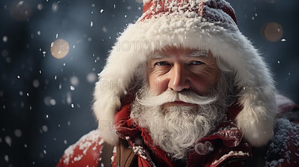 Santa clause dressed man with white beard outside on a snowy christmas night. generative AI