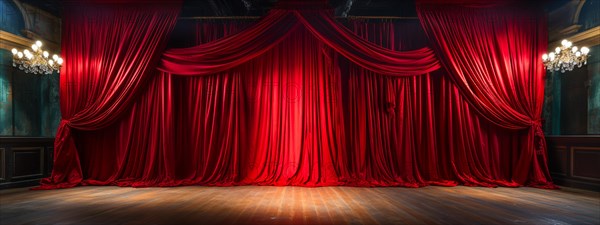 Dramatically lit lustrous red velvet theatre curtains and wooden stage floor. generative AI