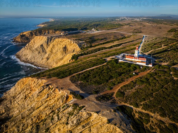 Aerial drone view of lighthouse on Cabo Espichel cape Espichel on Atlantic ocean