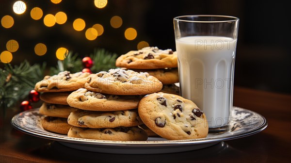 Chocolate chip cookies and milk on a small plate waiting for santa clause amist the decorations on christmas eve. generative AI