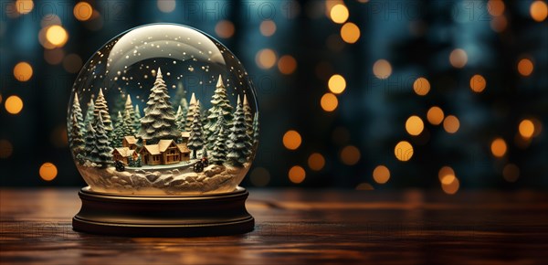 Christmas snow globe with pine trees and cabin on a wood surface banner. generative AI