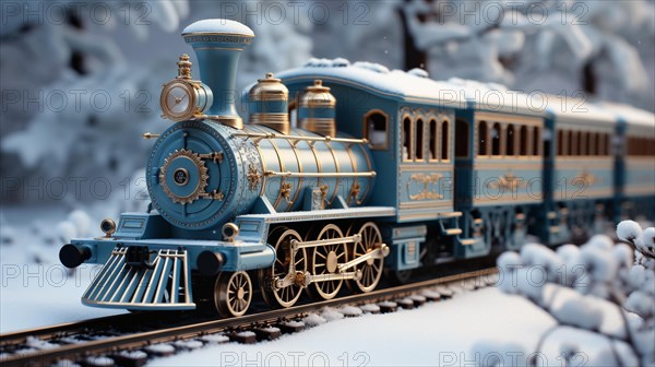 Miniature locamotive train set in A snowy christmas holiday setting. generative AI