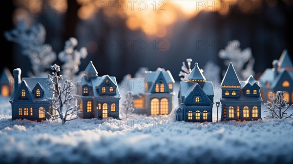 Miniature holiday christmas decorated town and snowy village scene. generative AI