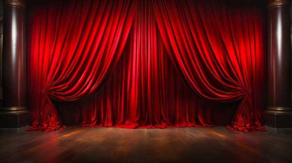 Dramatically lit lustrous red velvet theatre curtains and wooden stage floor. generative AI