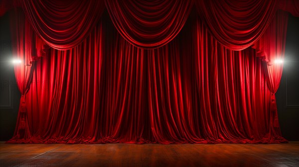 Dramatically lit lustrous red velvet theatre curtains and wooden stage floor. generative AI