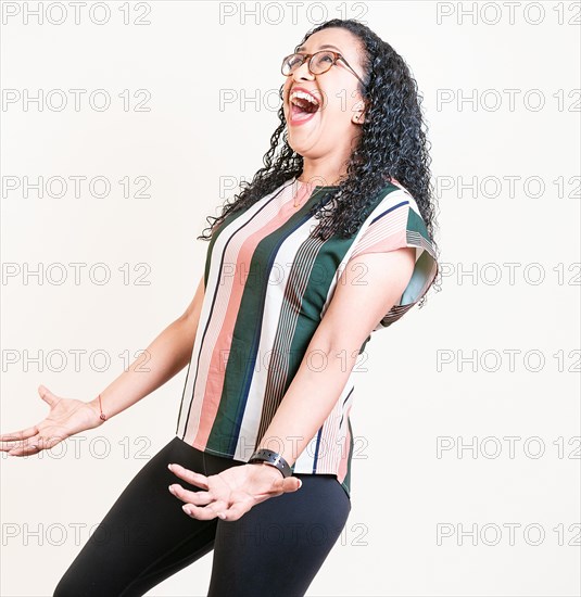 Angry people shouting up with open hands isolated. Desperate woman with open arms shouting angry up