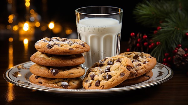 Chocolate chip cookies and milk on a small plate waiting for santa clause amist the decorations on christmas eve. generative AI