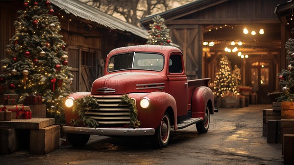 Vintage pick-up truck parked outside festively decorated barn shop. generative AI