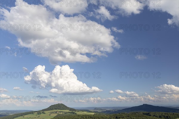 View of the Hohenhewen with clouds in the Hegau