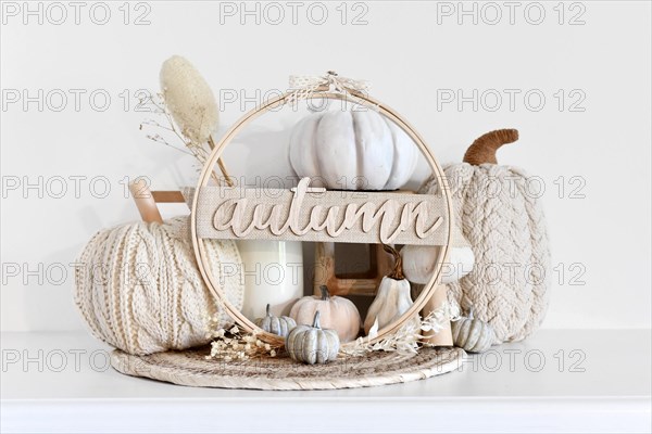 Boho style autumn decor with pumpkins and dried flowers