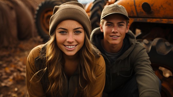 Cute teenaged couple enjoying a fall gathering on the country farm with friends