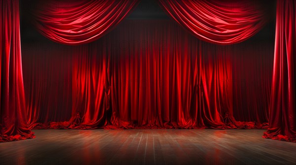 Dramatically lit lustrous red velvet theatre curtains and wooden stage floor. generative AI