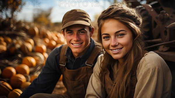 Cute teenaged couple enjoying a fall gathering on the country farm with friends