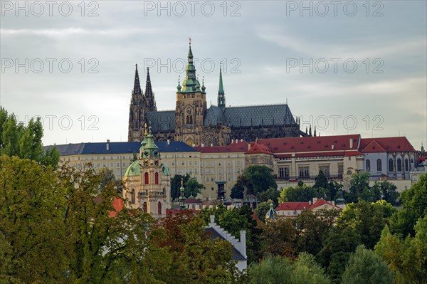 View from the Vltava River to Hradcany with Prague Castle and St. Vitus Cathedral